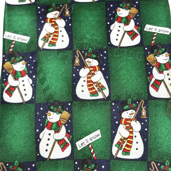Yule Tie Greetings Hallmark Green Snowmen Holiday Necktie Christmas Vintage 62" - Picture 2 of 6